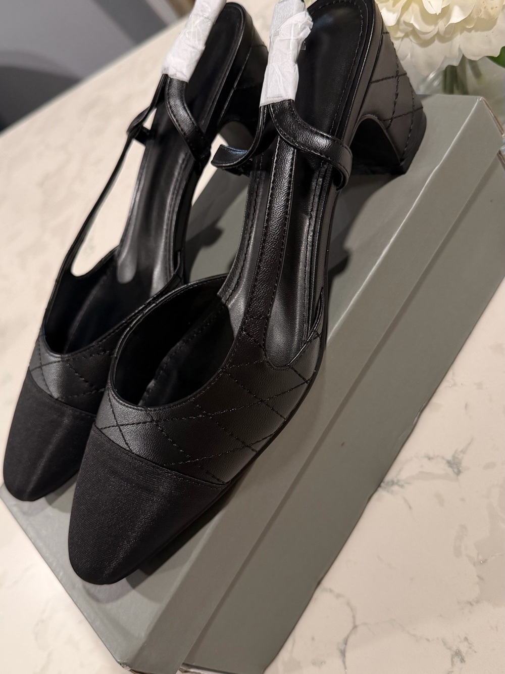 SHEIN Black Quilted T-Strap Block Heel Pumps